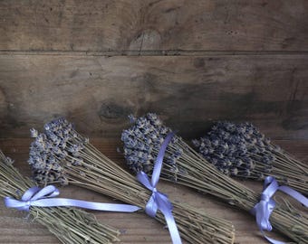 May include: Three bundles of dried lavender stems with small purple flower buds, each tied with a light purple satin ribbon. The lavender bunches are arranged horizontally, showcasing the long, thin green stalks and the textured floral tops.
