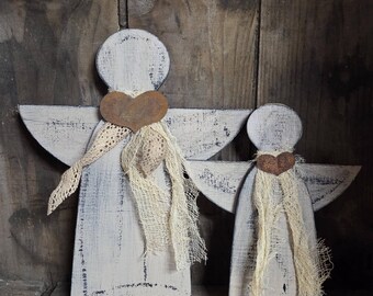 Primitive Wooden Angel Set of 2 ~ 8" & 6" ~ Country, Rustic Farmhouse Decor ~ Shelf Sitter