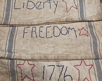 Patriotic Hand Embroidered Grungy Primitive Tea Towel ~ Handmade in Maine
