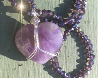 Amethyst wire wrapped heart pendant beaded necklace D2