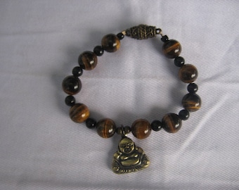 Tiger Eye and Obsidian Bracelet (with Buddha Charm) balance between extremes,  vitality, , cleansing of negativity and grounding 3447