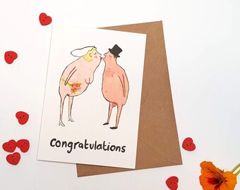 Wedding card marriage bride and groom congratulations funny nude illustration