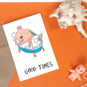 Illustrated greetings card funny naked man in the bath, celebration, congratulations card