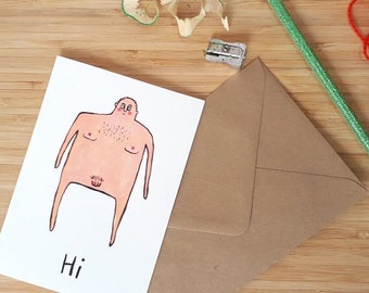 Cartoon Art card, blank inside, illustration naked man birthday card man