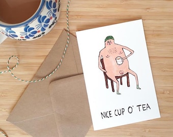 Tea lovers greetings card illustration nudist humour men