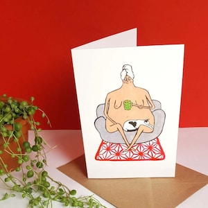 Cat lovers card illustration naked tea drinker lady