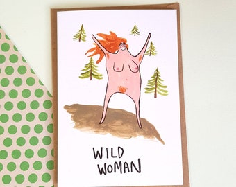 Feminist greetings card empowerment strong woman funny nudist nature lover art