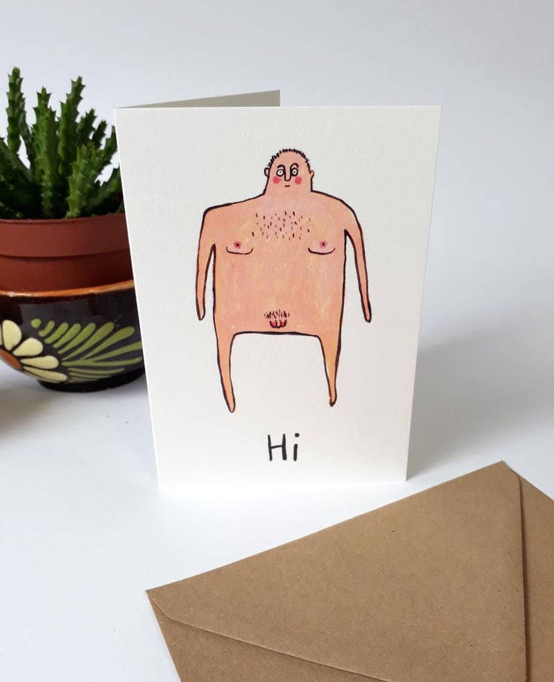 Cartoon Art card, blank inside, illustration naked man birthday card man image 2
