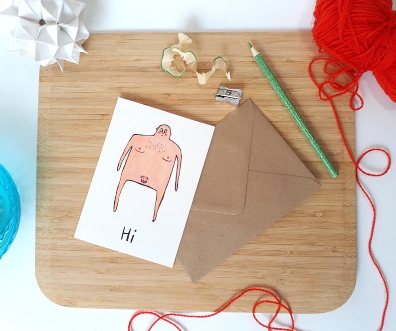 Cartoon Art card, blank inside, illustration naked man birthday card man image 1