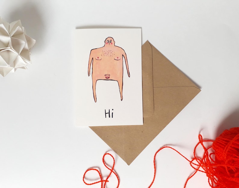 Cartoon Art card, blank inside, illustration naked man birthday card man image 4