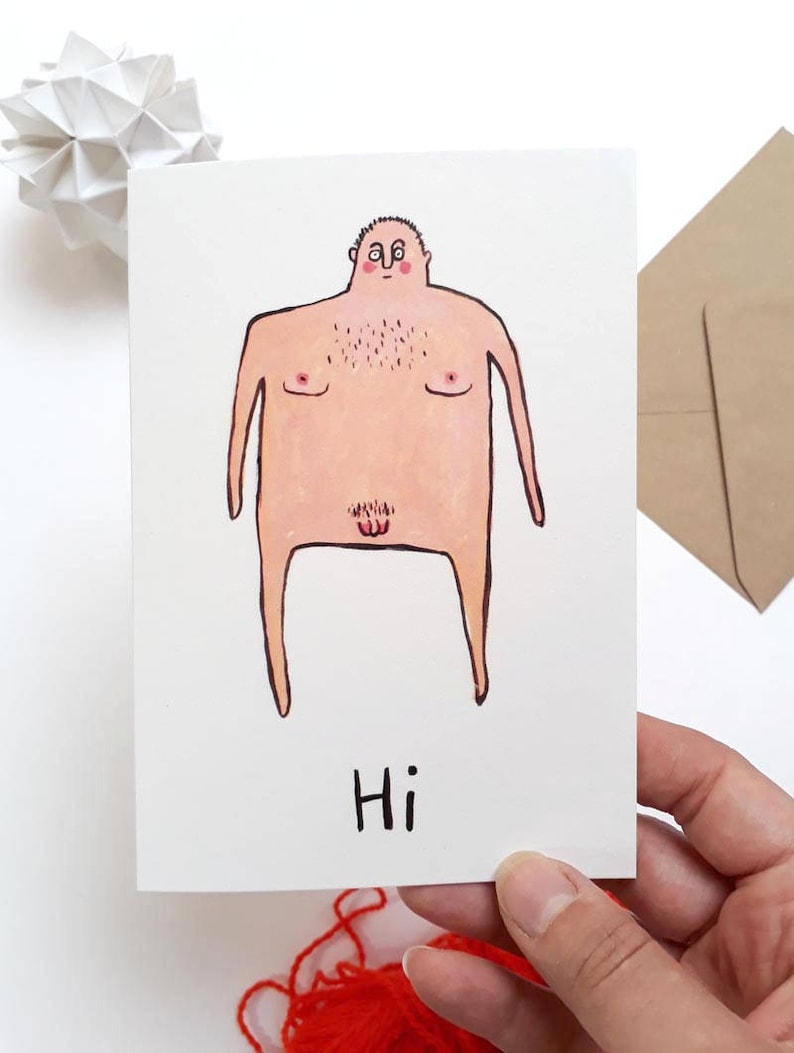 Cartoon Art card, blank inside, illustration naked man birthday card man image 3