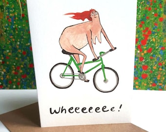 Cycling Woman funny cartoon nude feminist greetings card