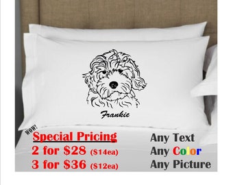 May include: A white pillowcase with a black line drawing of a dog's head. The dog's name, Frankie, is written below the image. The text "Special Pricing" is written below the image with the prices for 2 and 3 pillowcases. The text "Any Text, Any Color, Any Picture" is written below the pricing information.