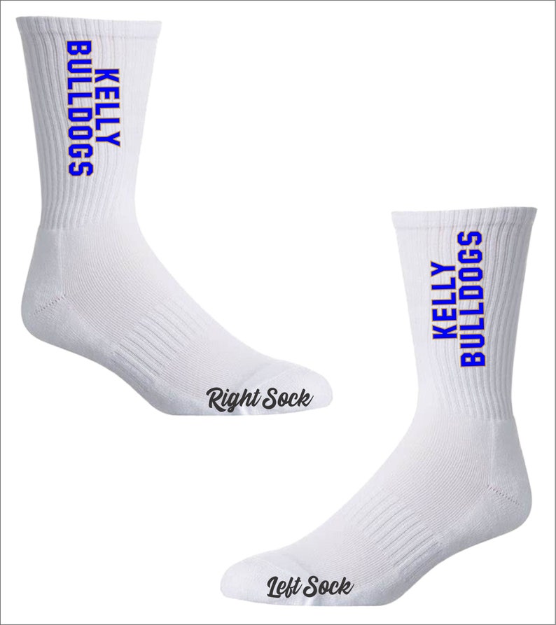 May include: A pair of white crew socks with blue and orange text that reads "KELLY BULLDOGS". The socks are labeled "Right Sock" and "Left Sock".