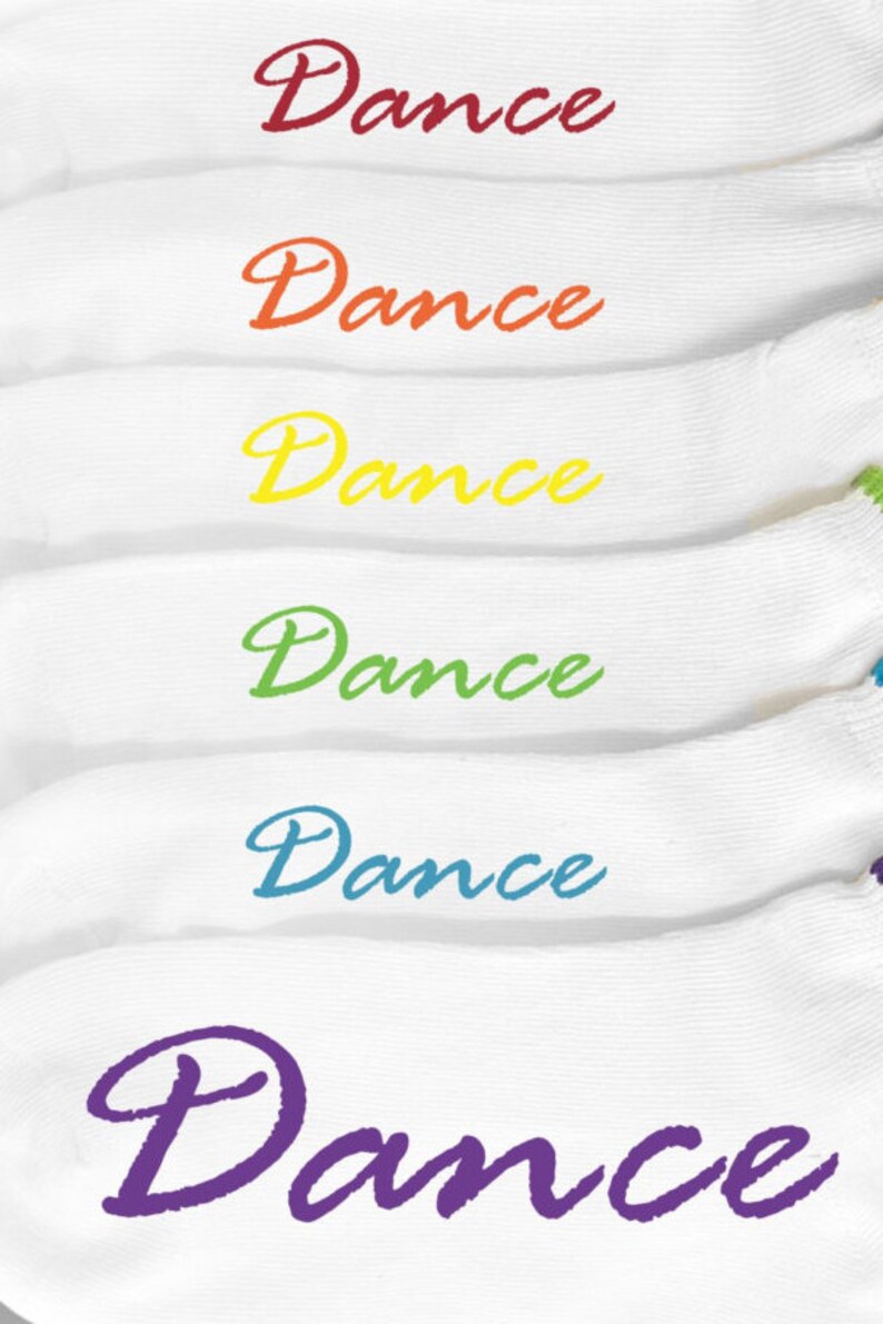 May include: Six white socks with the word "Dance" written on them in different colors: red, orange, yellow, green, blue, and purple.