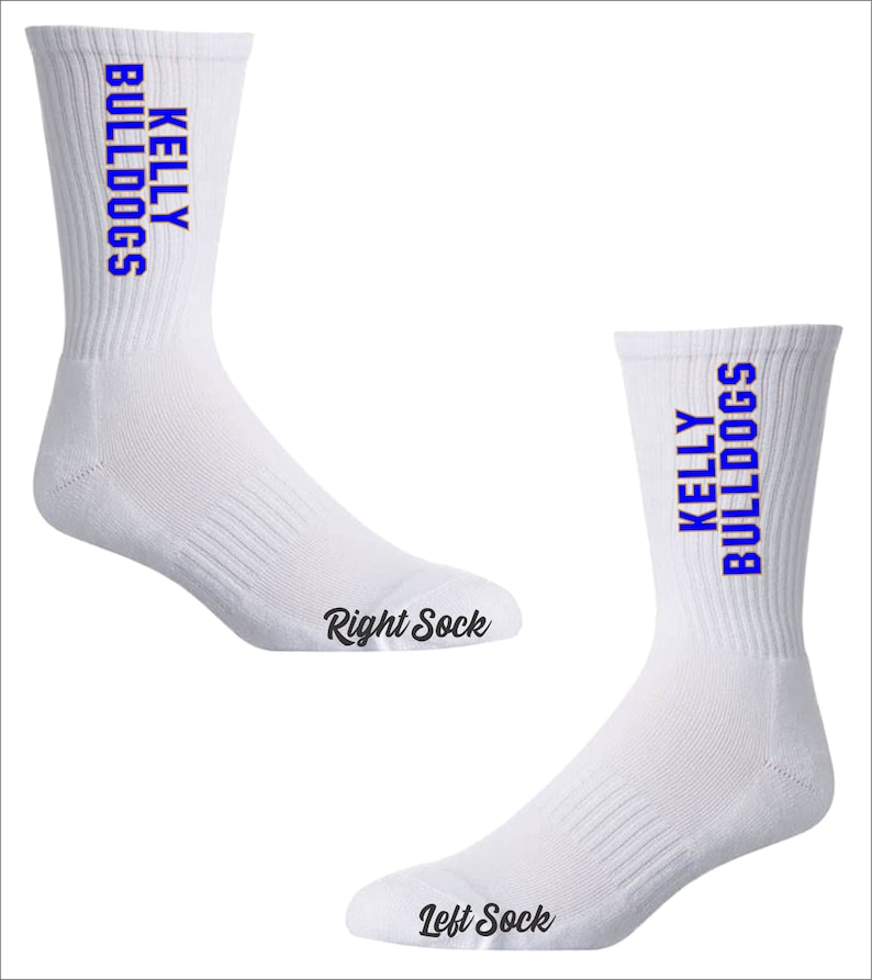 May include: A pair of white crew socks with blue and orange text that reads "KELLY BULLDOGS". The socks are labeled "Right Sock" and "Left Sock".