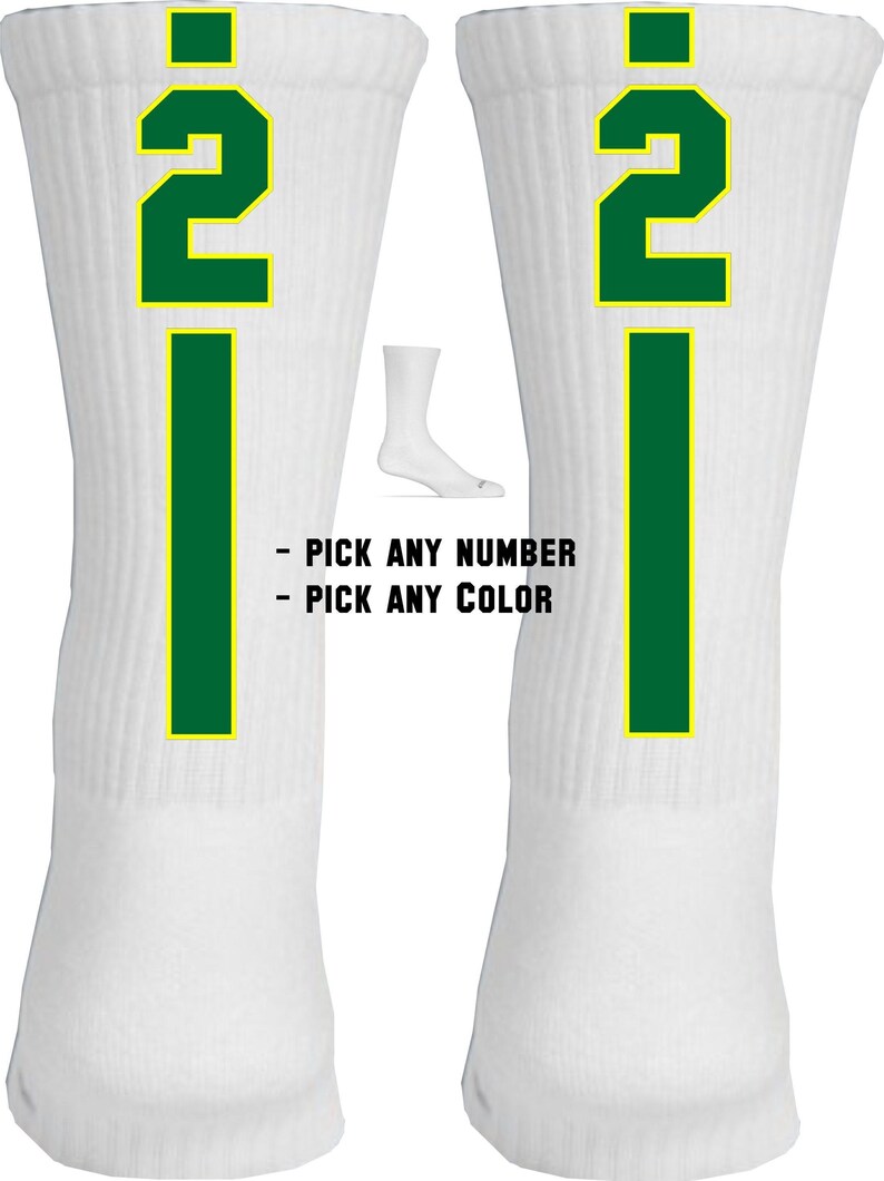 May include: A pair of white socks with a green stripe and the number "2" in green on each sock.  "PICK ANY NUMBER" and "PICK ANY COLOR" are written in black text below the socks.