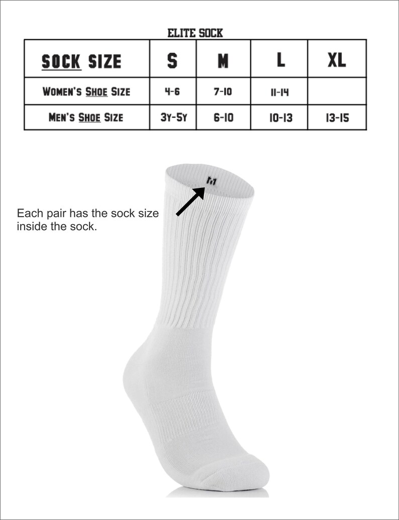 May include: White crew socks with a size chart showing women's and men's shoe sizes corresponding to sock sizes S, M, L, and XL. The sock size is labeled on the sock itself.