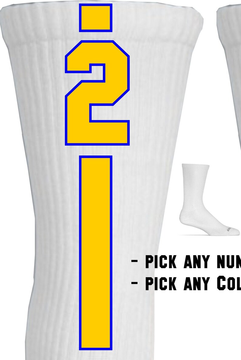 May include: White athletic socks with a yellow number "2" outlined in blue.  Pick any number and color.