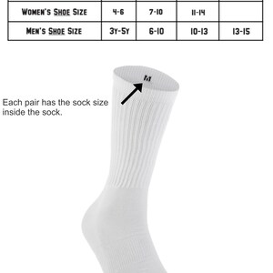 May include: White crew socks with a size chart showing women's and men's shoe sizes corresponding to sock sizes S, M, L, and XL. The chart shows the following sizes: S - Women's 4-6, Men's 3Y-5Y; M - Women's 7-10, Men's 6-10; L - Women's 11-14, Men's 10-13; XL - Women's 13-15, Men's 13-15.
