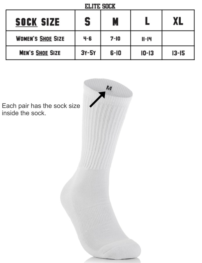 May include: White crew socks with a size chart showing women's and men's shoe sizes corresponding to sock sizes S, M, L, and XL. The chart shows the following sizes: S - Women's 4-6, Men's 3Y-5Y; M - Women's 7-10, Men's 6-10; L - Women's 11-14, Men's 10-13; XL - Women's 13-15, Men's 13-15.