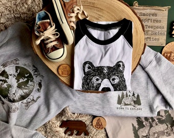 Illustrated Forest Animal Bear Long Sleeve Baseball Raglan Top