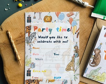 May include: A white party invitation with a jungle animal theme. The invitation has a colorful design with zebras, tigers, monkeys, and a lion. The text on the invitation reads "Party time! Would you like to celebrate with me?" with space for the guest's name, date, time, where, extra info, and RSVP.