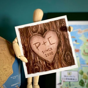 Personalised Tree Carving Anniversary Valentine Art Print / Greeting Card