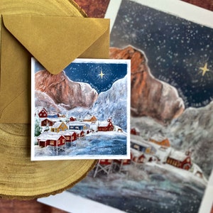 Scandi Nordlichter Boho Rentier Weihnachtskarten / Kunstdruck