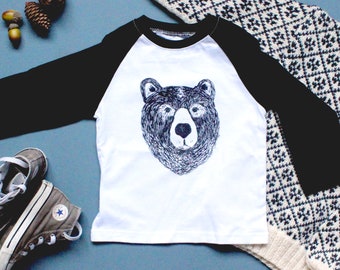 FIVER SALE Illustrated Bear Long Sleeve Baseball Raglan Top