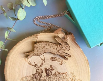 Boxed Wooden Bouncing Bunny Rose Gold Necklace