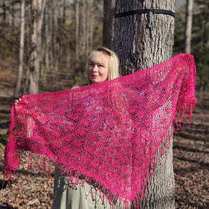 Handmade Fuchsia Crochet Shawl: Wool Lacy Fringe Wrap