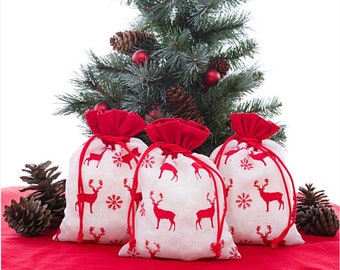 Reindeer Sacks for Christmas Stocking Fabric Drawstring Burlap Pouch Reusable Gift Toys Goodies Treats Bag Secret Santa Party Favor
