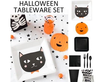 Halloween Tableware Set Black Cat Plates Orange Pumpkin Napkins Black Cutlery Straws Cups Spooky Cute Table Decoration Party Supply