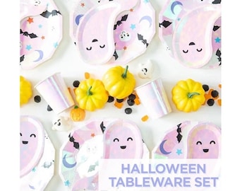 Halloween Tableware Set Iridescent Kawaii Ghost Bat Party Theme Main Course Dessert Plates Cups Dinnerware  Girly October Birthday