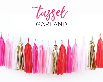 Tassel Garland Set Pink Gold Red Tissue Paper Fringe Cute Party Bunting Decor Girl Baby Shower Wedding Birthday Anniversary Kids Celebration