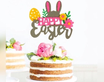 Happy Easter Cake Topper Cute Bunny Rabbit Ears Fun Grey Pink Felt Spring Dessert Picks Decoration Kids Party Supply  Cake Centerpiece