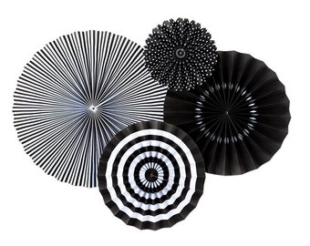 Black White Paper Fan Set Elegant Stylish Hanging Wall Ceiling Rosettes New Year Eve Graduation Birthday Corporate Event Backdrop Decoration