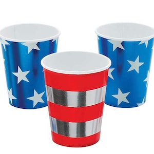 4 of July Cups Blue White Stars Red Foil Paper Cups Fourth July Drinkware Party Supply American Pride USA Patriotic Tableware