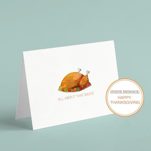 Tarjeta de felicitación de Acción de Gracias con pavo bañado en salsa, divertida y divertida invitación de celebración con sobre para amigos, familiares y compañeros de trabajo