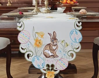 Elegante camino de mesa para Pascua, bordado con huevos de conejo, flores, narcisos, mantel de lino para cocina, centro de mesa para cena, mantel de primavera