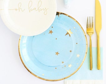 Over the Moon Baby Shower Plates, Gold Stars Baby Shower Paper Plates, It's a Boy Baby Shower, Baby Shower Tableware, Twinkle Twinkle Shower