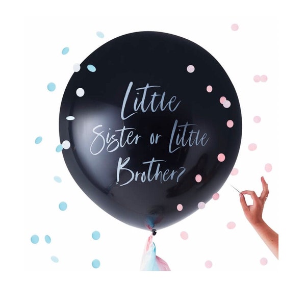 Little Sister Little Brother Gender Reveal Balloon Pop, Large Gender Reveal Balloon and Confetti, Gender Reveal Party Balloon with Confetti