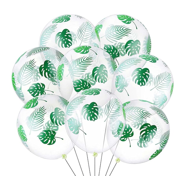 Clear Balloon with Palm Leaf Print Monstera Botanical Greenery Tropical Forest Woodland Bridal Shower Birthday Hawaii Luau Outdoor Party