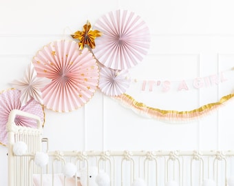 Roze Meisje Decoratie Leuke Papier Rozet Wall Art Papier Fans Verjaardag Baby Douche Partij Levering Pasgeboren Decoratie Pinwheel Set