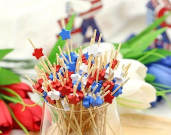 STERN FOOD-PICKS aus Holz Paterisch Rot Blau Weiß Amerikanische Flagge USA Thema Thema 4 Juli InUnabhängigkeitstag Aperitif Snack Spieße Cupcake Topper