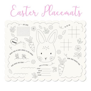 以下が含まれることがあります： 白地のイースタープレースマット。ウサギの顔、ニンジン、花、テキスト「Easter Placemats」が描かれています。点つなぎ、三目並べ、穴埋めゲームなどのアクティビティが含まれています。プレースマットには「Bunny likes to grow carrots in her garden」というテキストも含まれています。