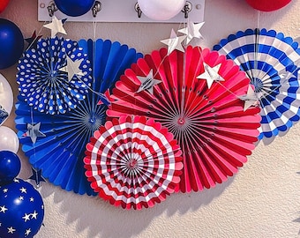 CLEARANCE Open Box - Patriotic Paper Fan Set American Stripes Stars Pinwheels 4 July Independence Day Party Hanging Wall Decoration Rosette