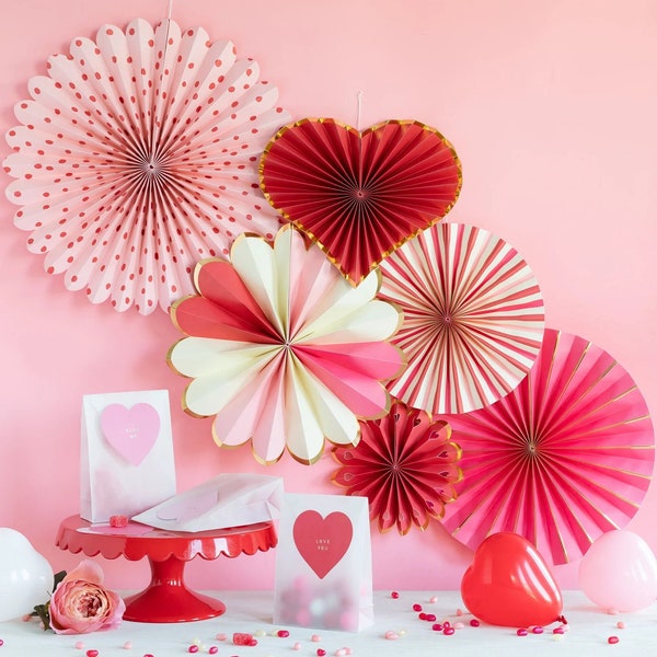 Valentine's Day Paper Fan Set Red Pink Circle Heart Polka Dot Striped Rosette Decorative Pinwheel Wall Ceiling Hanging Romantic Party Supply