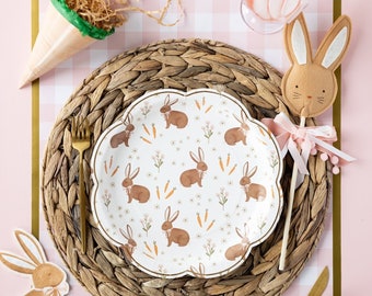 Easter Paper Plates with Scalloped Edge Bunny Rabbit Print Rustic Farmhouse Style Dinnerware for Brunch Lunch Picnic Tableware Party Supply